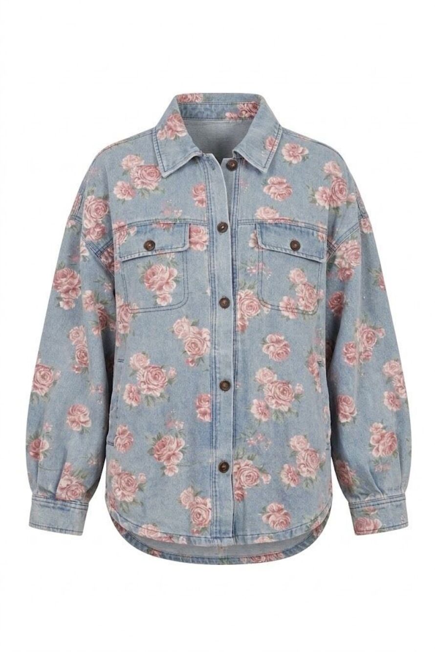 B1027. BiBi Denim Rose Floral Oversized Button Down Shacket NWT